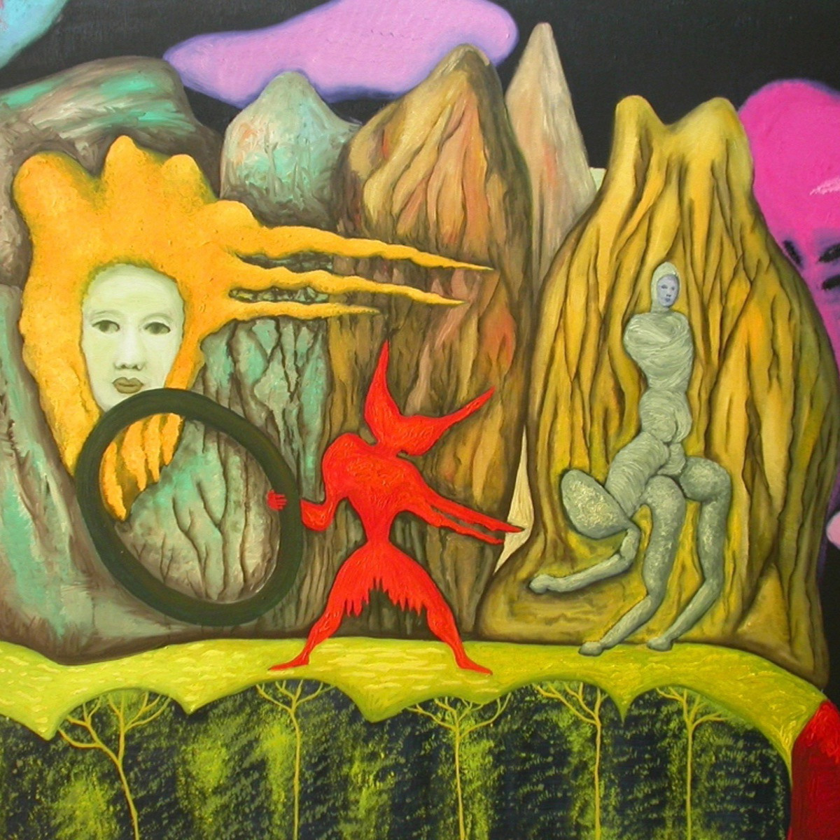 Et fargerikt maleri med noen abstraherte elementer så vel som et ansikte og to figurer