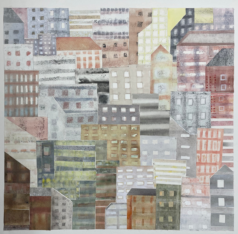 abstrahert bybilde
 Biter av akvareller som er limt sammen til en komposisjon