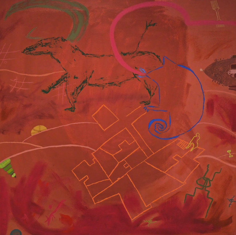 • Maleriet er et abstrakt/figurativt verk i varme røde og oransje toner.

• Det viser et stilisert firbent dyr med grønt horn og rosa tunge som strekker seg mot en blå, menneskelignende silhuett.

• Midt på er et geometrisk mønster, og nederst er mindre figurer, inkludert en grønn, leddet skapning og en person ved et bord.

• Fargene er intense, og verket har en primitiv estetikk.