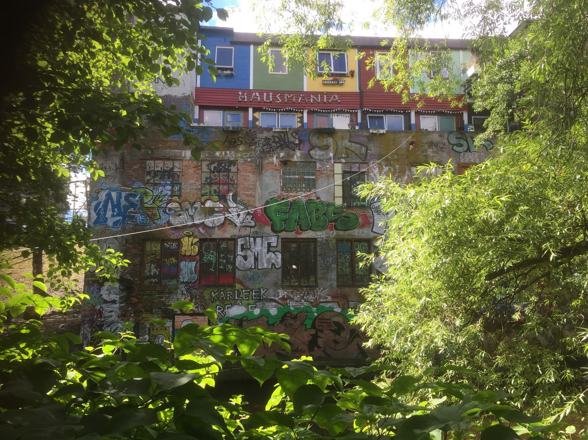 Sommerlig bilde av en fargerik fasade med graffitti omringet av tregreiner og busker.