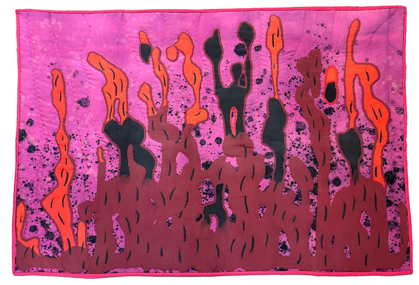 The picture shows various figures as an abstract imagery that can be perceived as a crowd. The colors consist of a pink background, with black figures, with a brownish-red front. The work is both hand and machine quilted.