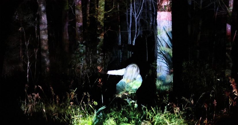 Et stillbilde fra video prosjektet «Synkron», hvor Tone Bjordam har filmet danser og koreograf Anna Asplind i skogen. Asplind speiler bevegelser og former i landskapet, og i mørket om kvelden projiserer Bjordam dette videomateriale på skogen og på Asplind. Slik blir mennesket i videobildet en integrert del av landskapet rundt. 