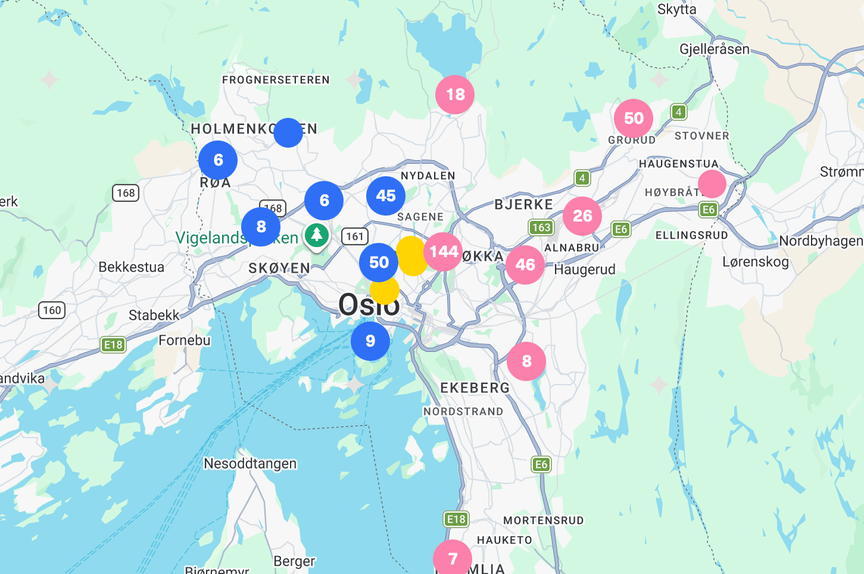 Kart over Oslo med atelierene markert i fargede prikker. 