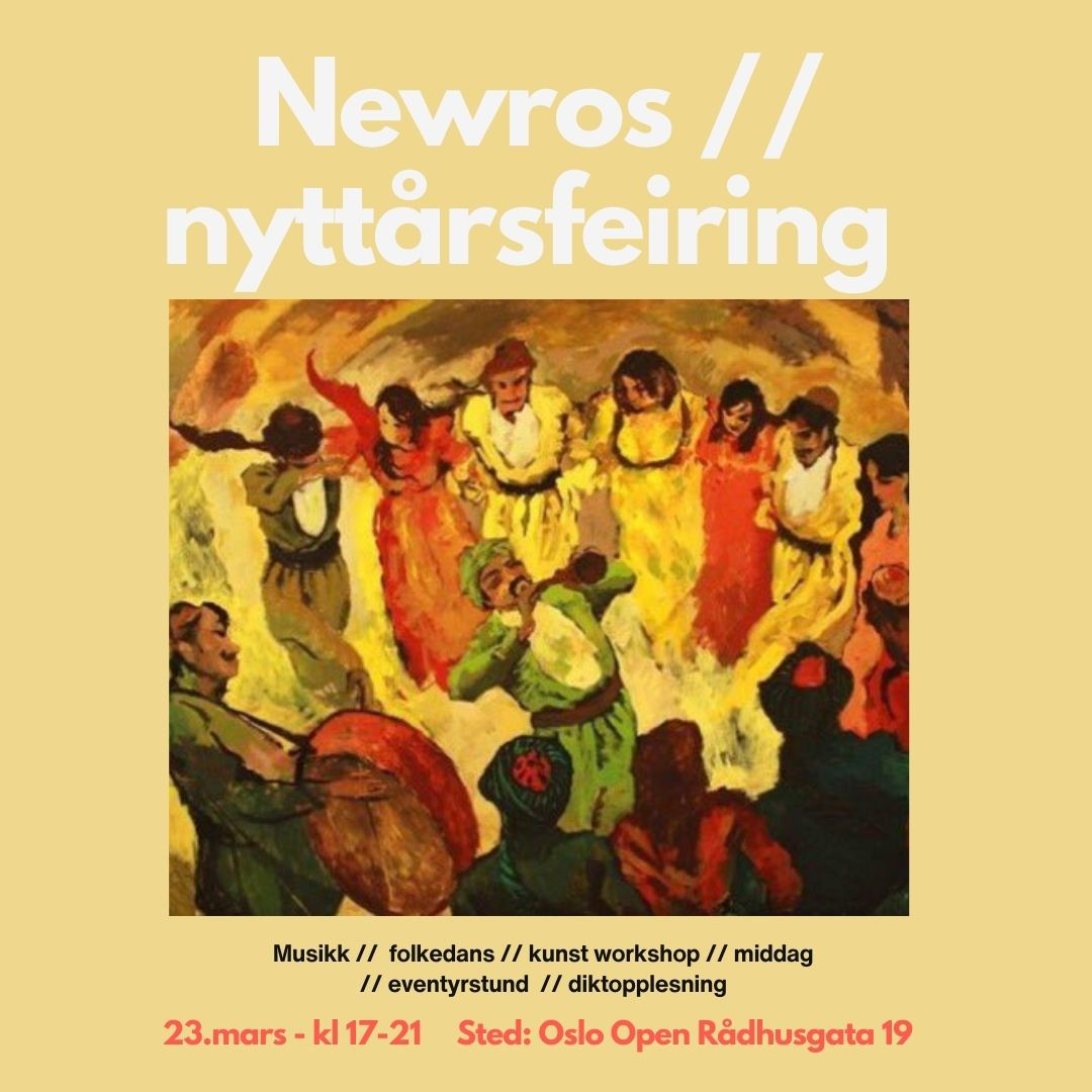 Tekstplakat med teksten Newros // nyttårsfeiring, og et maleri av personer i folkedrakter fra midtøsten som spiller musikk og danser.