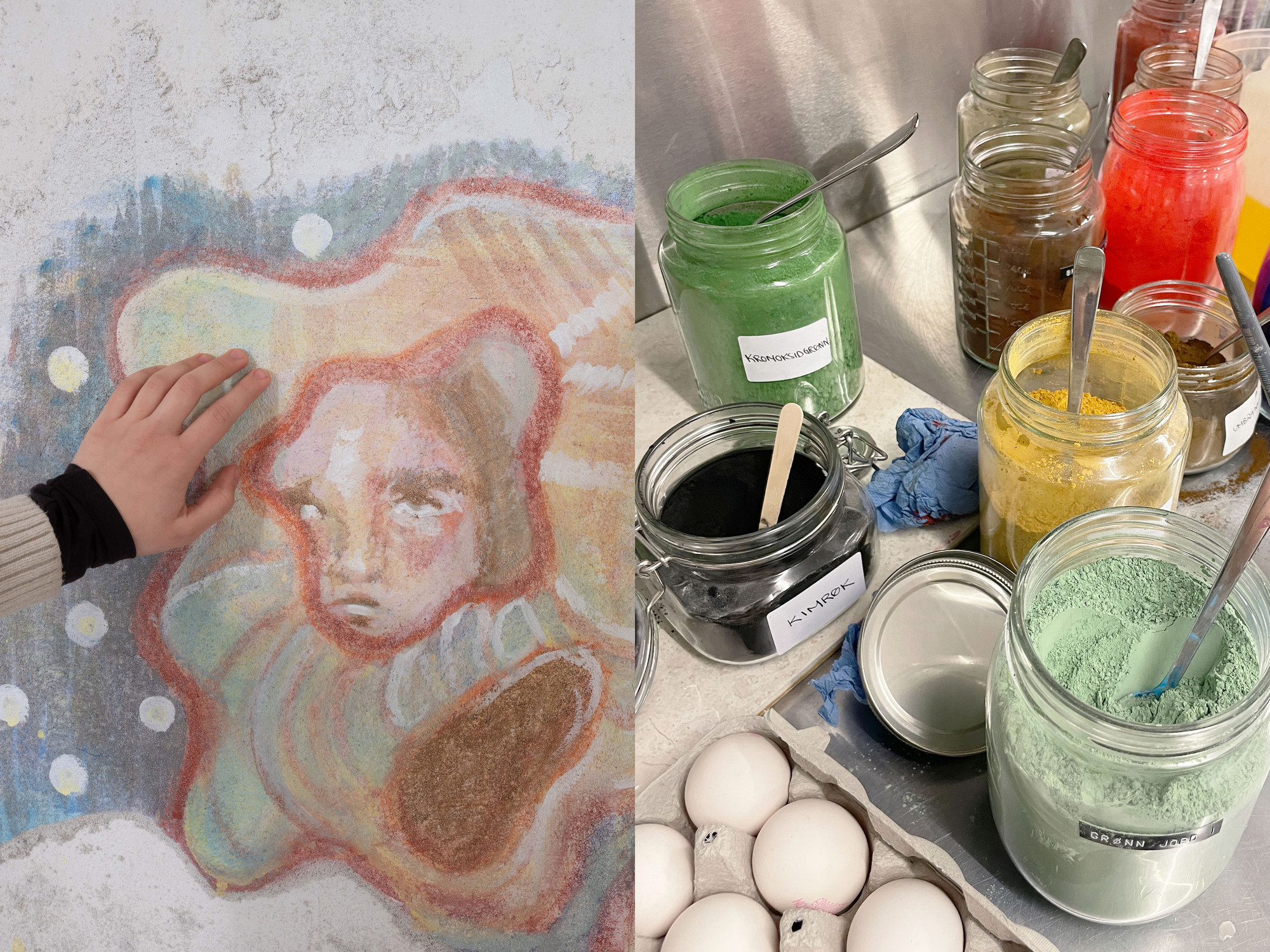 Til venstre en hånd som tar på et freskomaleri av et ansikte, til høyre glasskrukker med fargede pigmenter og en pakke med egg