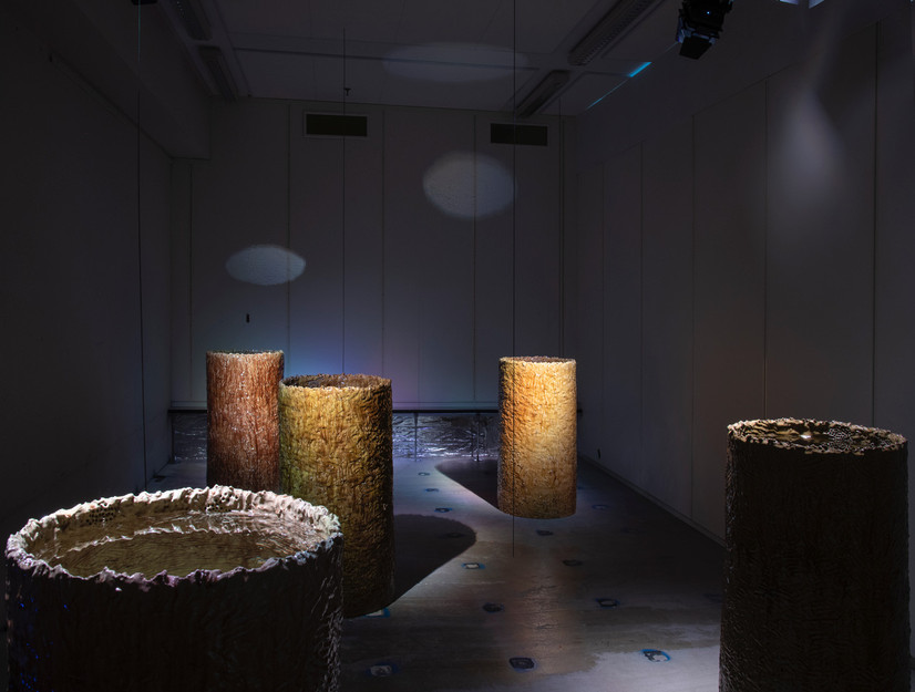 In the image, you see five large ceramic vessels filled with water. Each vessel is 112 cm tall and glazed with a glossy finish. Every vessel has a distinct color, all in earthy tones such as green, ochre, and brown. The glaze displays rich variations and depth.

To enter the installation, you had to descend a staircase. The floor was made of concrete with blue dots arranged in symmetrical patterns. The installation also featured lighting programmed to gradually turn on and off, along with a looping soundscape. The room had a damp smell, evoking the sensation of being in a dark and unsettling basement.