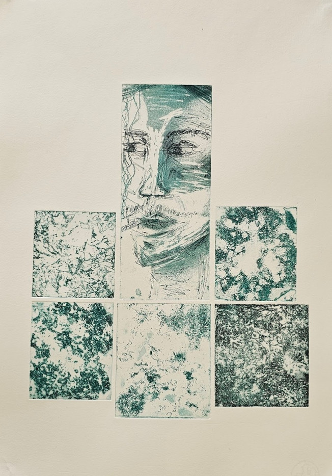 Bildet viser et Grafikk bilde bestående av flere etsingstrykk, arrangert på et hvit grafikkpapir. Trykkene har en dominerende grønnblå fargetone.