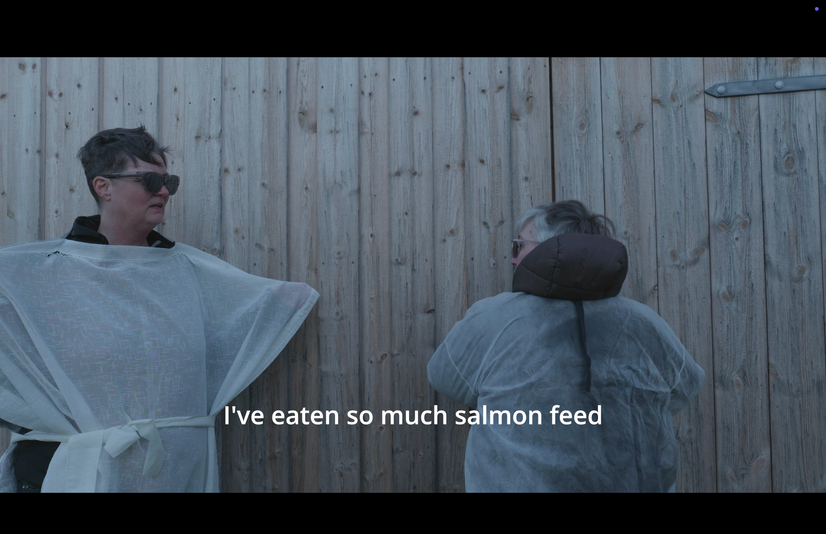 To kvinner utkledd som fisk opptrer i en film