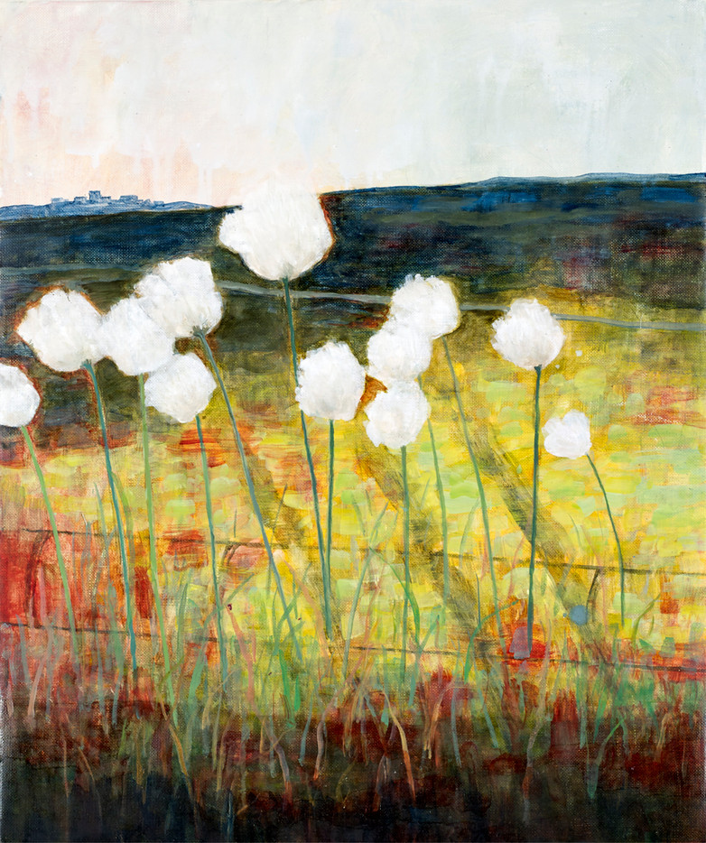 Maleri med en myr som motiv.  Det antydes menneskelig aktivitet, en inngripen i naturen